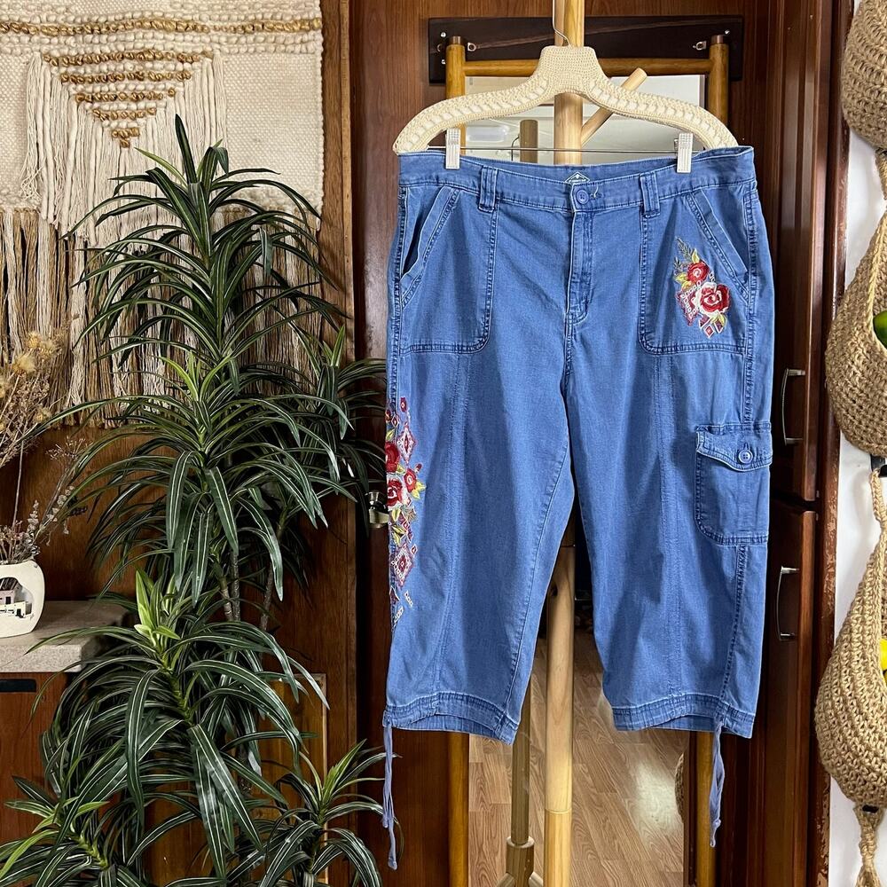 Floral Embroidered Cargo Capri Pants Womens 16 Blue Stretch Tie Hem St Johns Bay